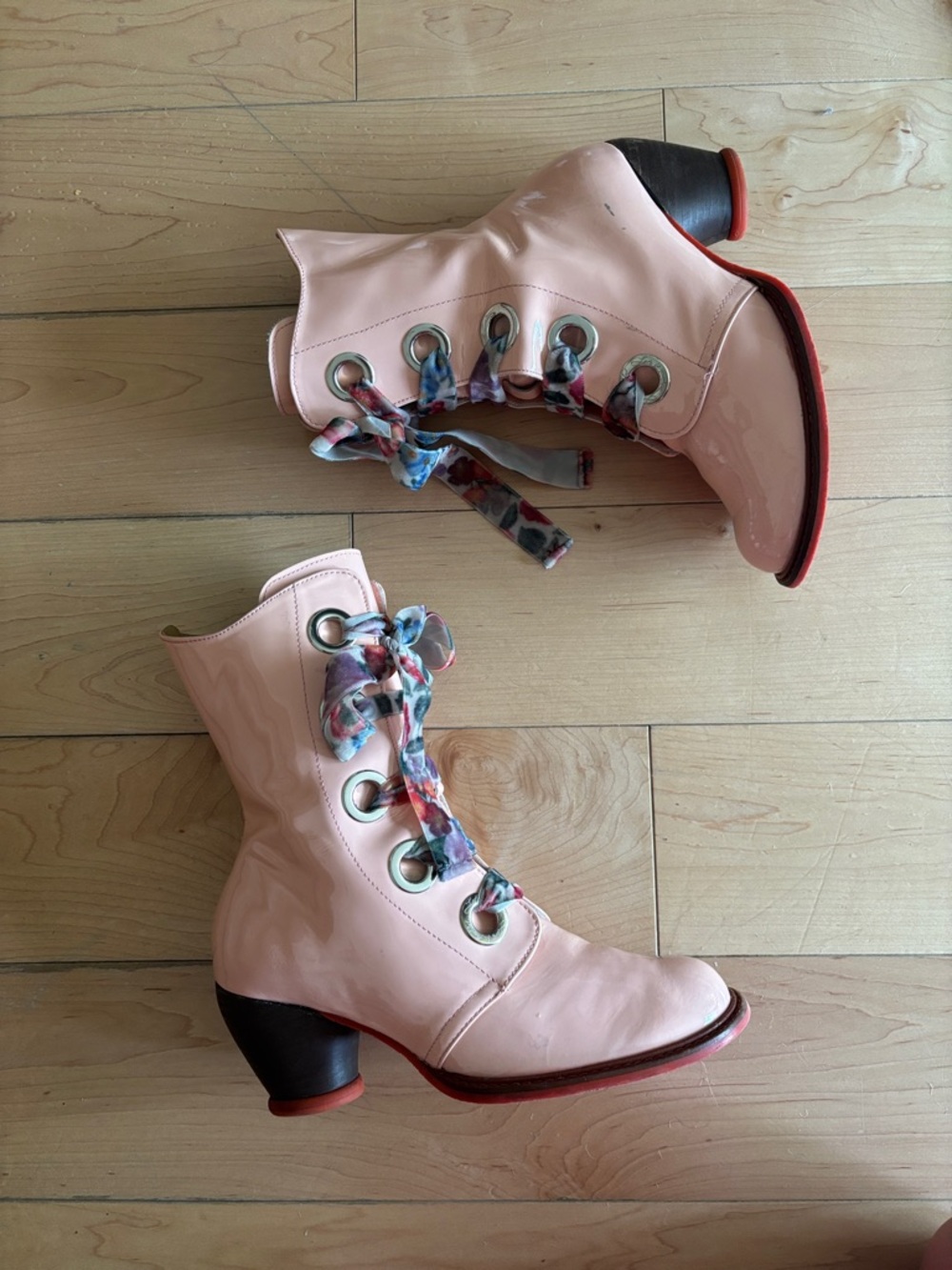 John Fluevog Pink Patent Lace-Up Heeled Boots with Floral Ribbon Laces